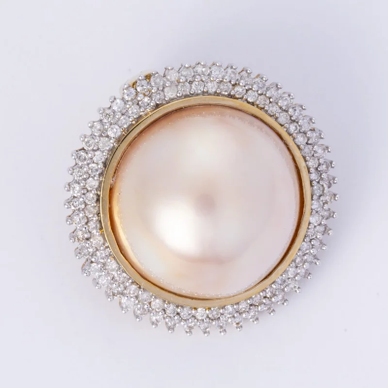 modern geometric drop earrings 14k Yellow and White Gold Mabe Pearl and Diamond Pendant | 18.20-18.05mm, 0.80ctw |