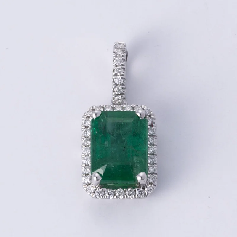 statement gemstone necklace handmade 18k White Gold Emerald and Diamonds Pendant | 3.26 ct, 0.23 ctw