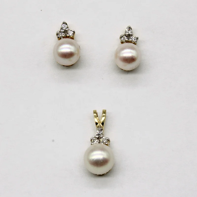 double-layered choker necklace Pearl & Diamond Earring & Pendant Set | 0.09ctw |