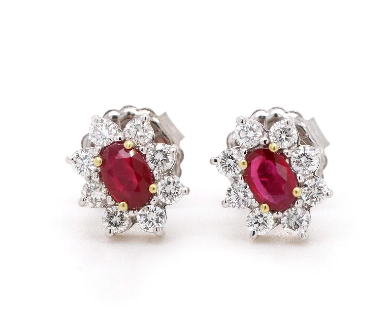 geometric diamond earrings gold 1.20ctw Oval Ruby and 0.65ctw Diamond Flower Stud Earrings in 18K