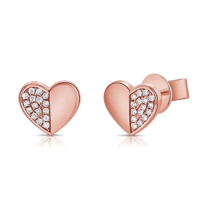 classic pearl bridal earrings 14K Gold Heart Stud Earrings with Diamonds