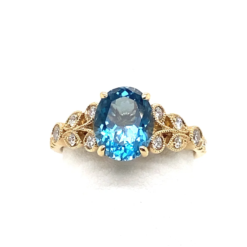 handcrafted gemstone toe ring 2.07ct Blue Zircon with Diamonds Nature-Inspired Ring in 14K Yellow Gold