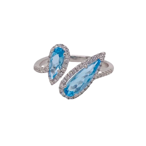 Blue Topaz Diamond Halo Bypass Ring