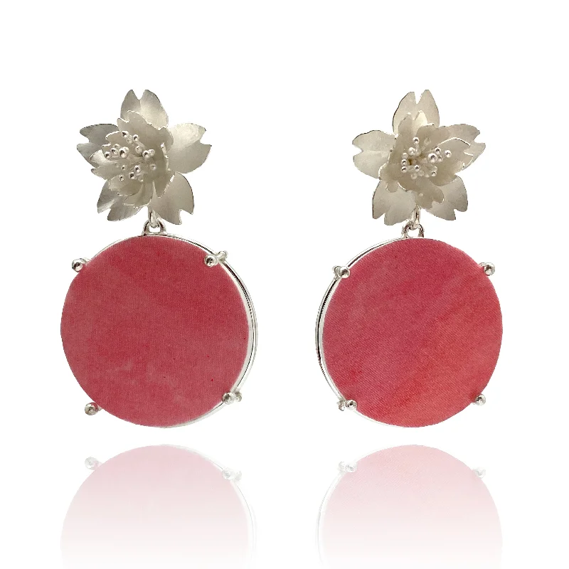 minimalist silver stacking bangles Cherry Blossoms with Pink Disc Drops