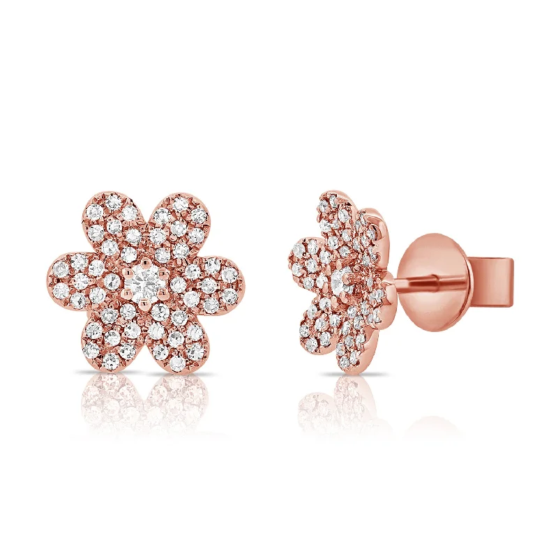 black pearl earrings classic Diamond Flower Studs in 14K Gold