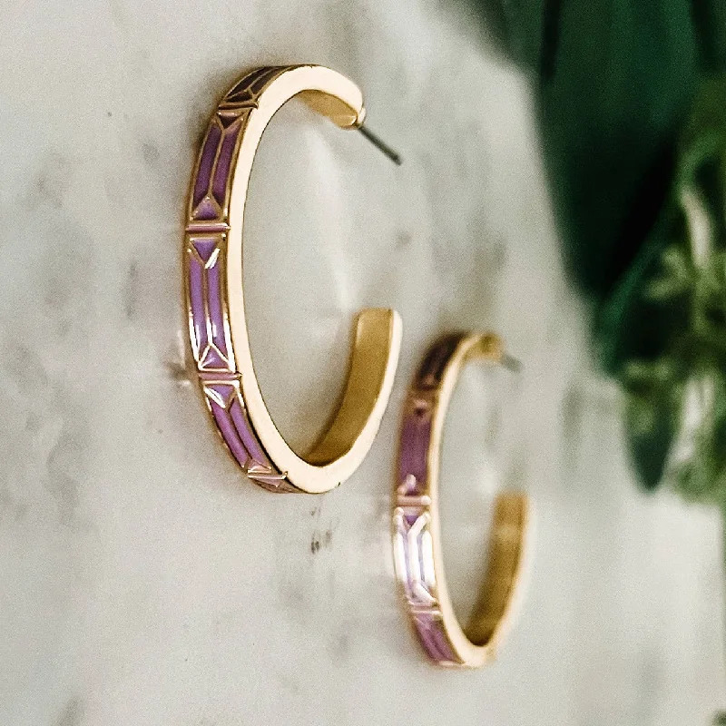 minimalist cuff bracelet adjustable Purple Enamel and Gold Hoop Earrings