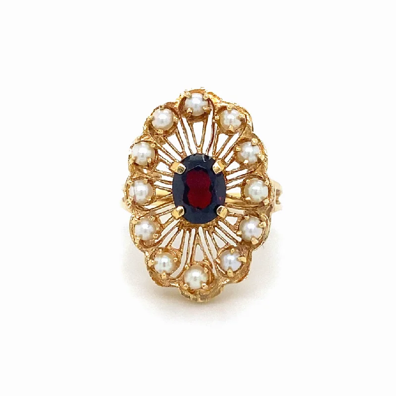handcrafted gemstone drop earrings Floral Garnet Pearl Halo Wirework Ring, 14K Yellow Gold Vintage Circa 1970