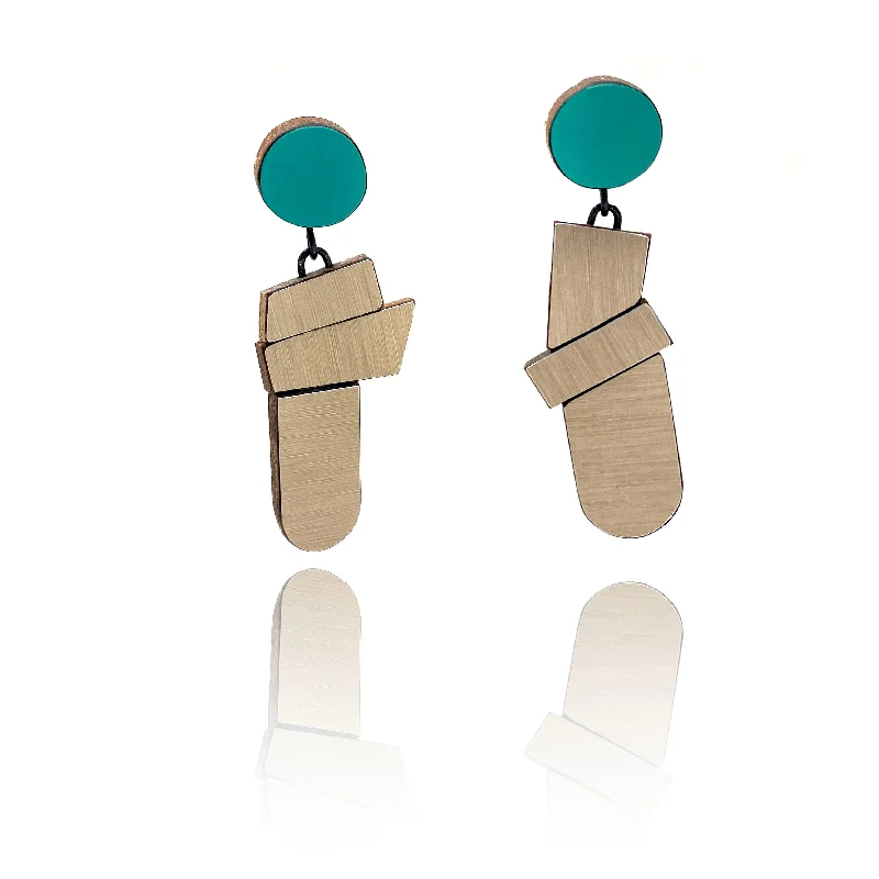personalized engraved locket Geometric Earrings - Teal and Textured Gold