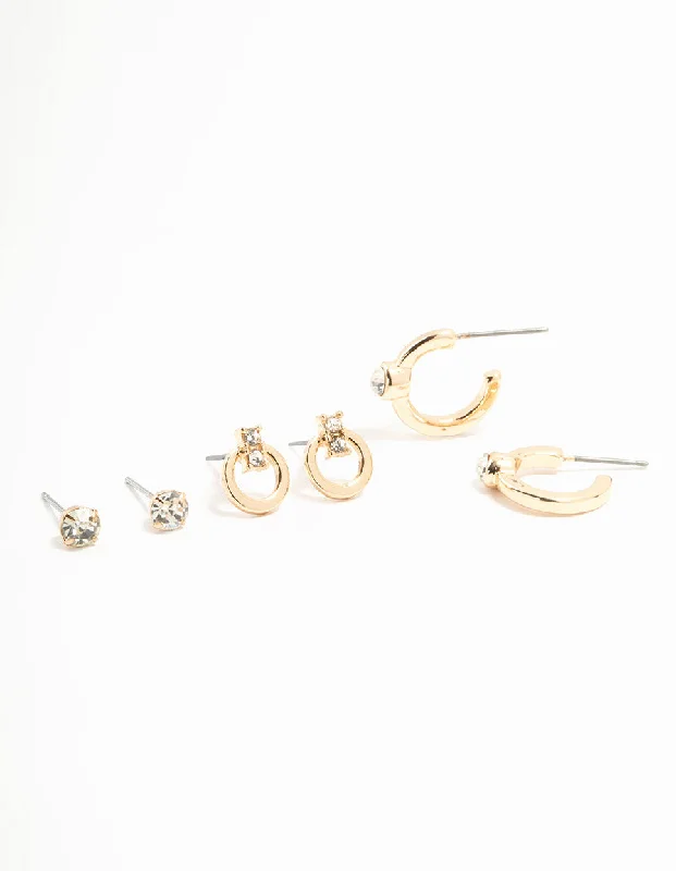 Gold Diamante Stud & Hoop Earrings 3-Pack