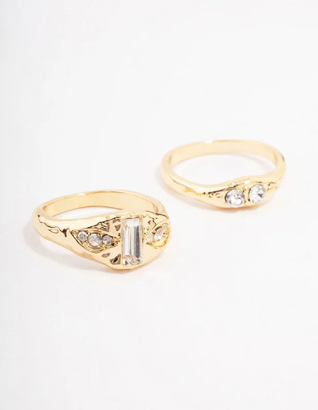 Gold Plated Baguette Signet Stacking Ring Pack