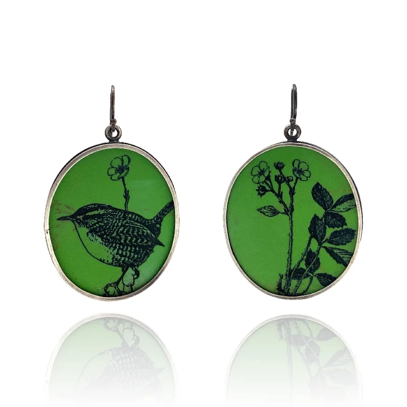 handmade ceramic bead bracelet Green Floral and Bird Earrings