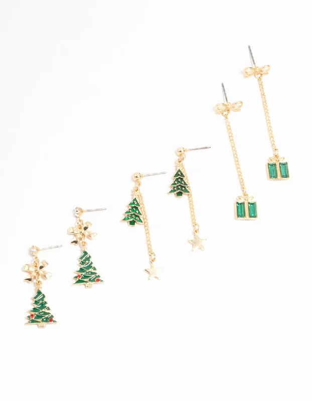 Green Trees & Presents Drop Earrings 3-Pack