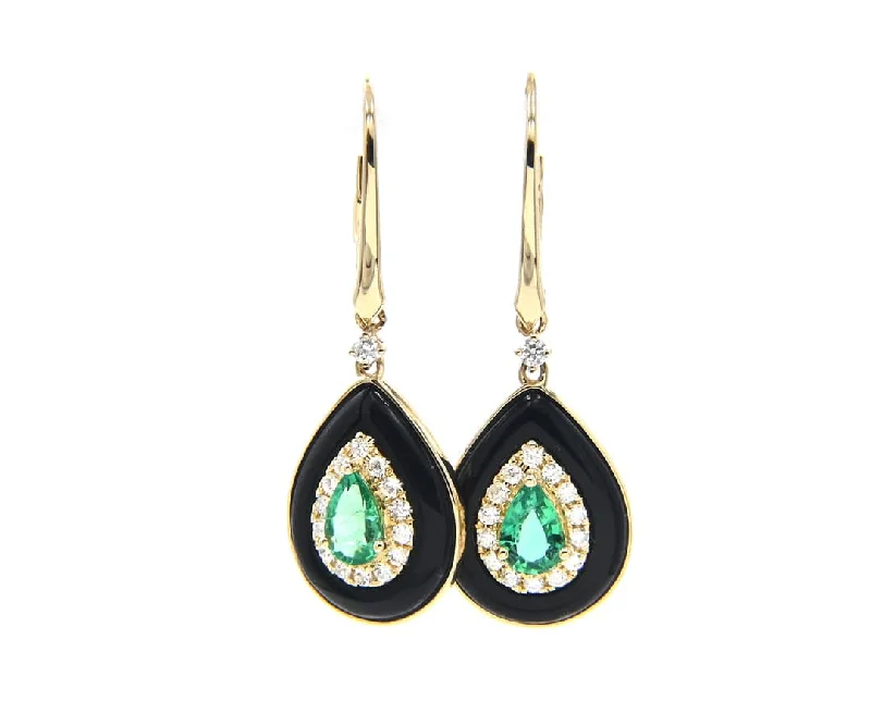 delicate pearl bracelet New 0.64ctw Pear Emerald 0.30ctw Diamond and Black Onyx Dangle Earrings in 14K