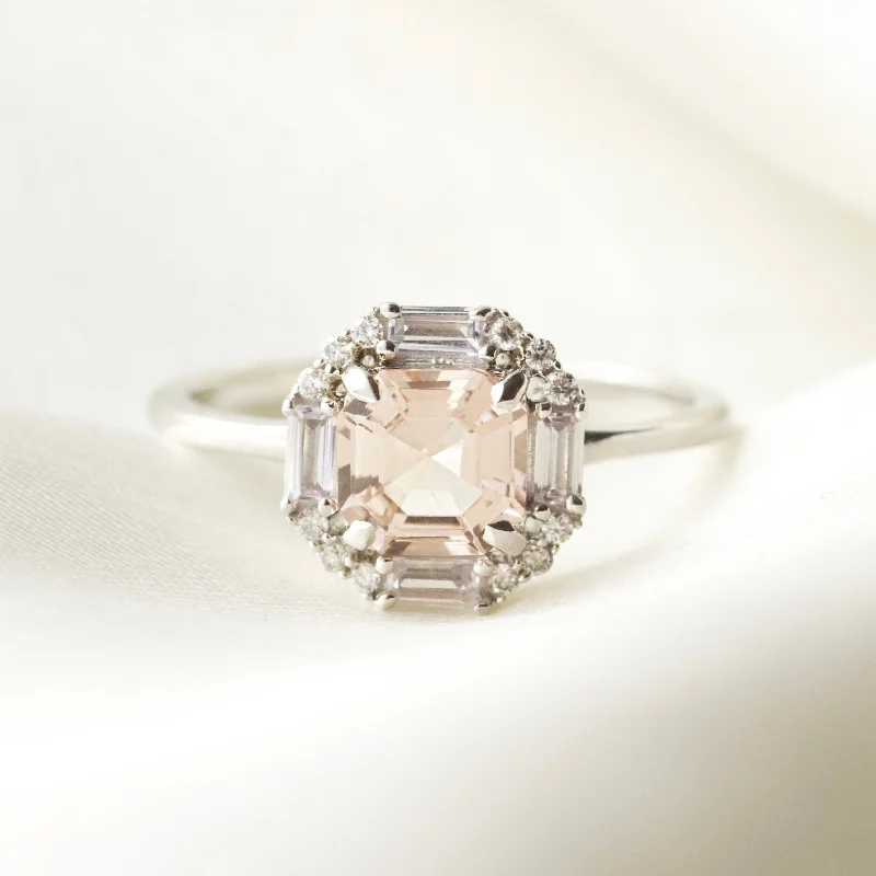 celestial zodiac sign necklace Ophelia Morganite, Sapphire and Diamond Ring
