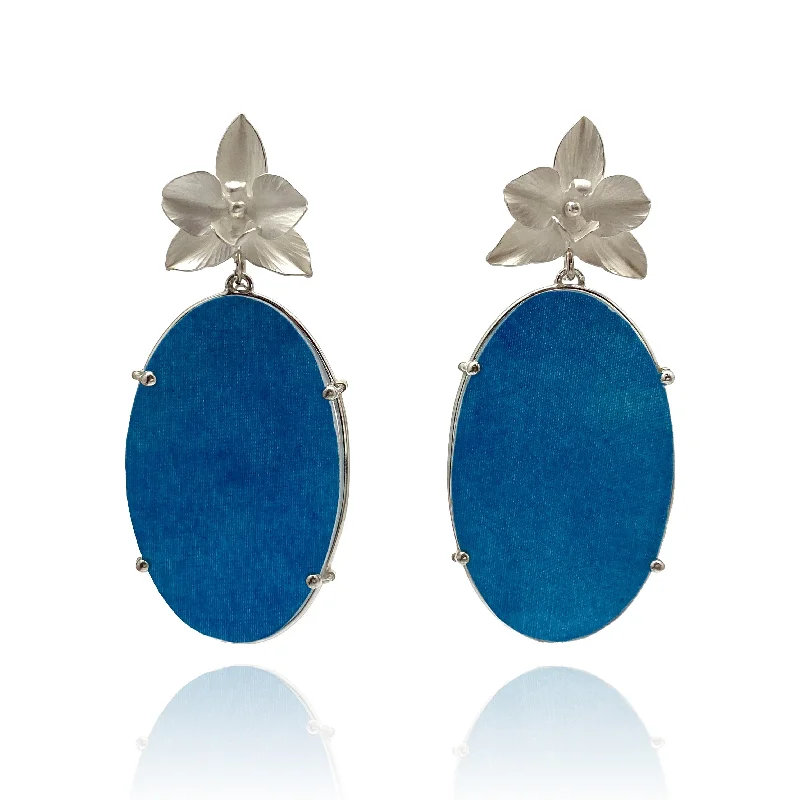pearl and gold chain earrings Orchid Earrings with Blue Oval Drops