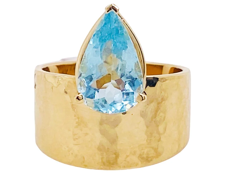 Pear Shaped Aquamarine Hammered Wide Band Ring