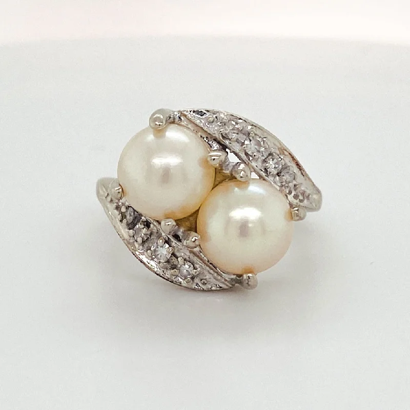 custom engraved wedding band Pearl and Diamond Bypass Ring Toi et Moi in 14K White Gold Vintage Circa 1960 custom engraved wedding band Pearl and Diamond Bypass Ring Toi et Moi in 14K White Gold Vintage Circa 1960