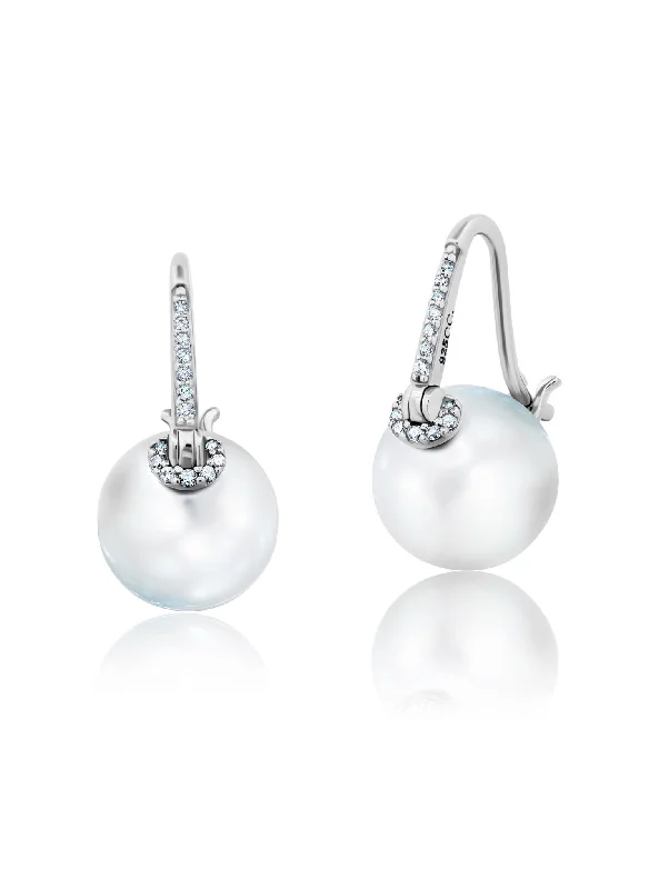 Pearl With Pave Stem Leverback Earrings