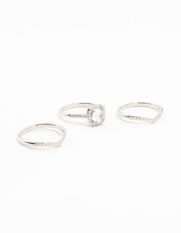 Rhodium Pointed & Halo Ring Pack