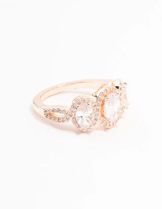 Rose Gold Oval Trio Cubic Zirconia Ring