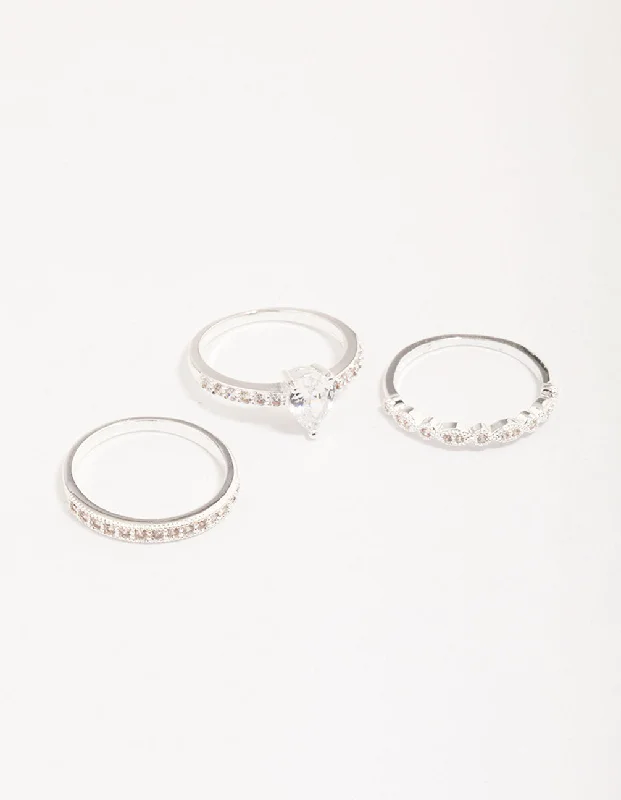 Silver Plated Cubic Zirconia Teardrop Stone Ring Pack