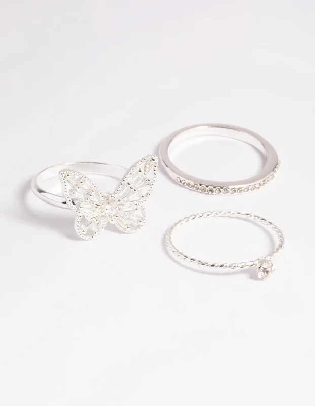 Silver Cubic Zirconia Butterfly Ring Stack Pack