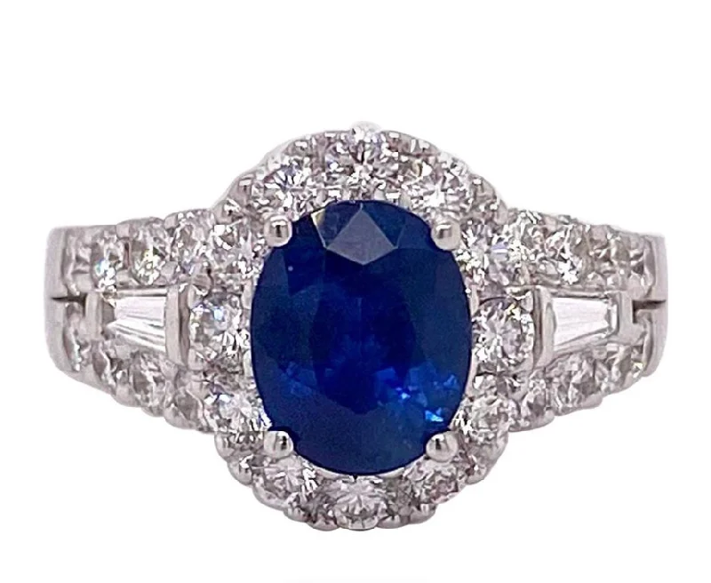 emerald cut diamond earrings Sapphire Diamond Halo with Baguettes Ring