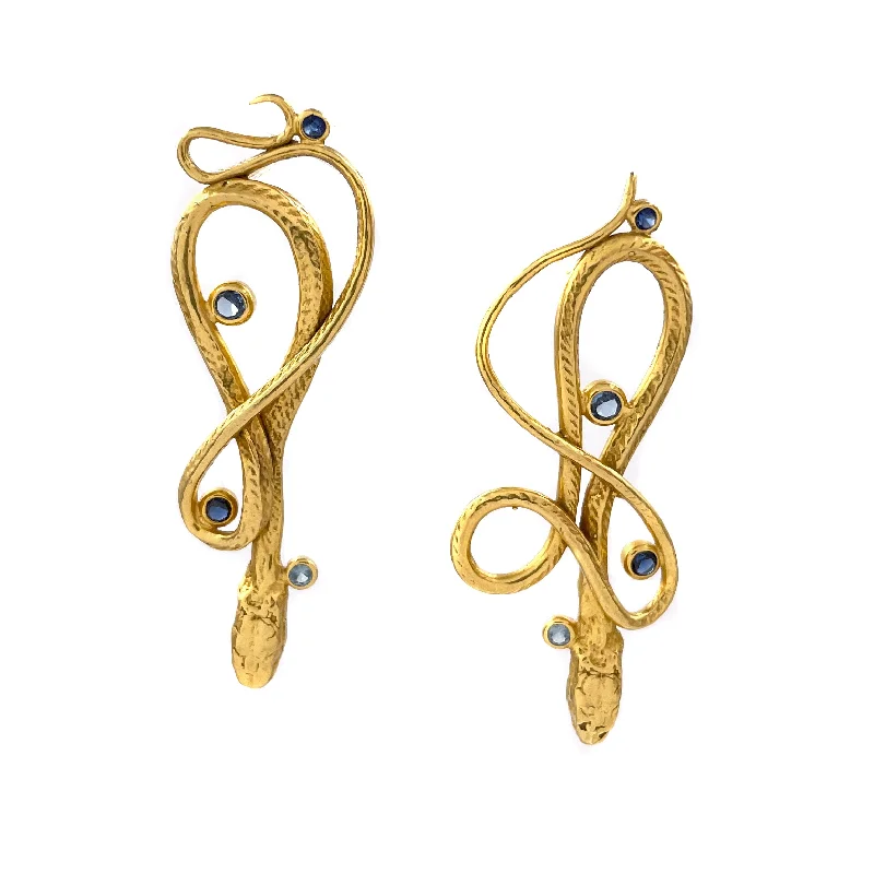 boho gold leaf ring Serpentine Earrings, Medium Gold, Sapphire and Blue Zircon