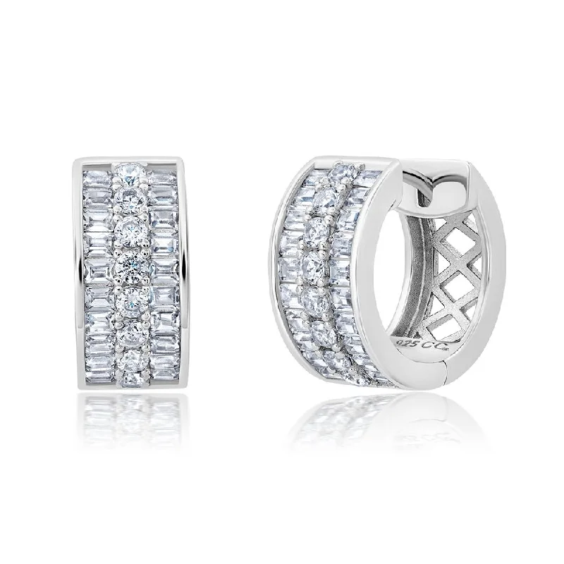 Small 3 Row Square Baguette With Brilliant Round Center Earrings