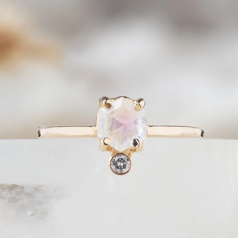 handcrafted gold stud earrings The Hexagon Moonstone + Diamond Ring | 14K Yellow Gold