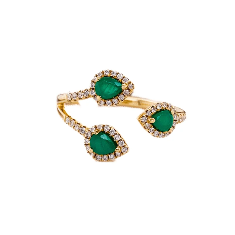 hammered sterling silver band Three Emerald Pear Diamond Halo Ring