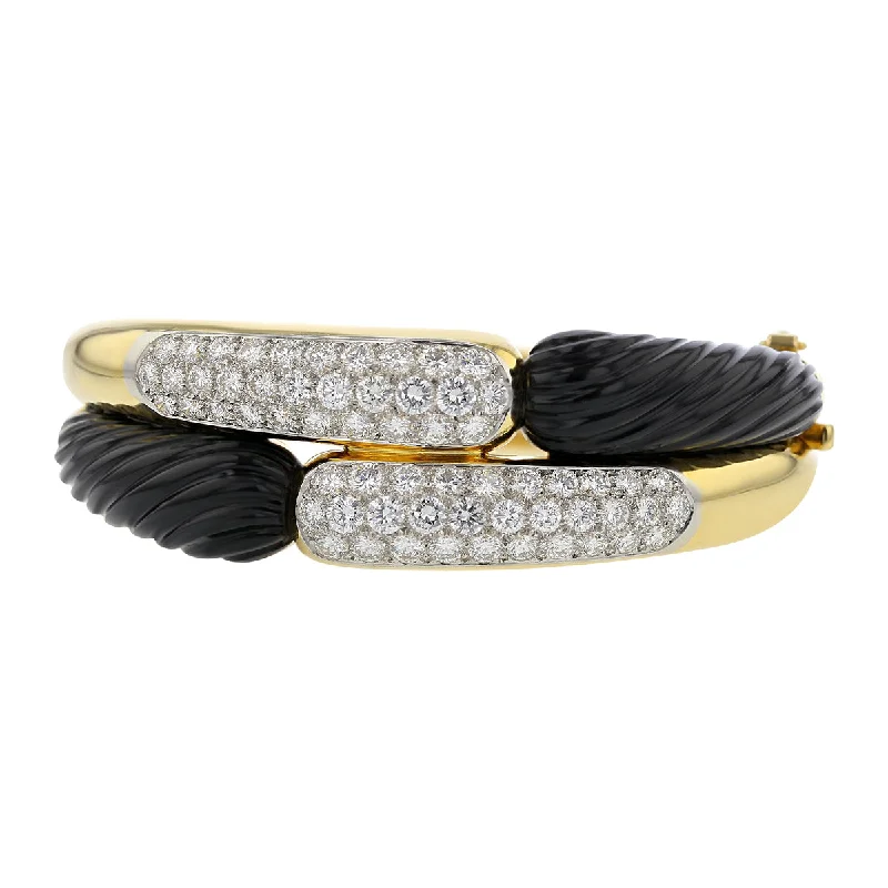 Celtic knot wedding band 18K Yellow Gold Diamond and Onyx Bangle Bracelet