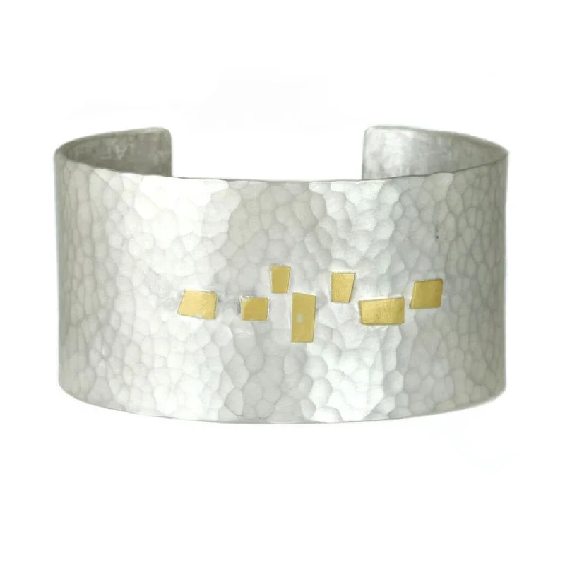 Hammered Sterling Silver Wide Cuff Bracelet with Gold Detail