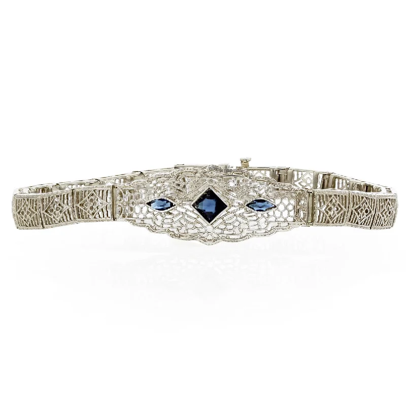 silver wedding band with engraving Art Deco 14K Gold Blue Glass Filigree Bracelet