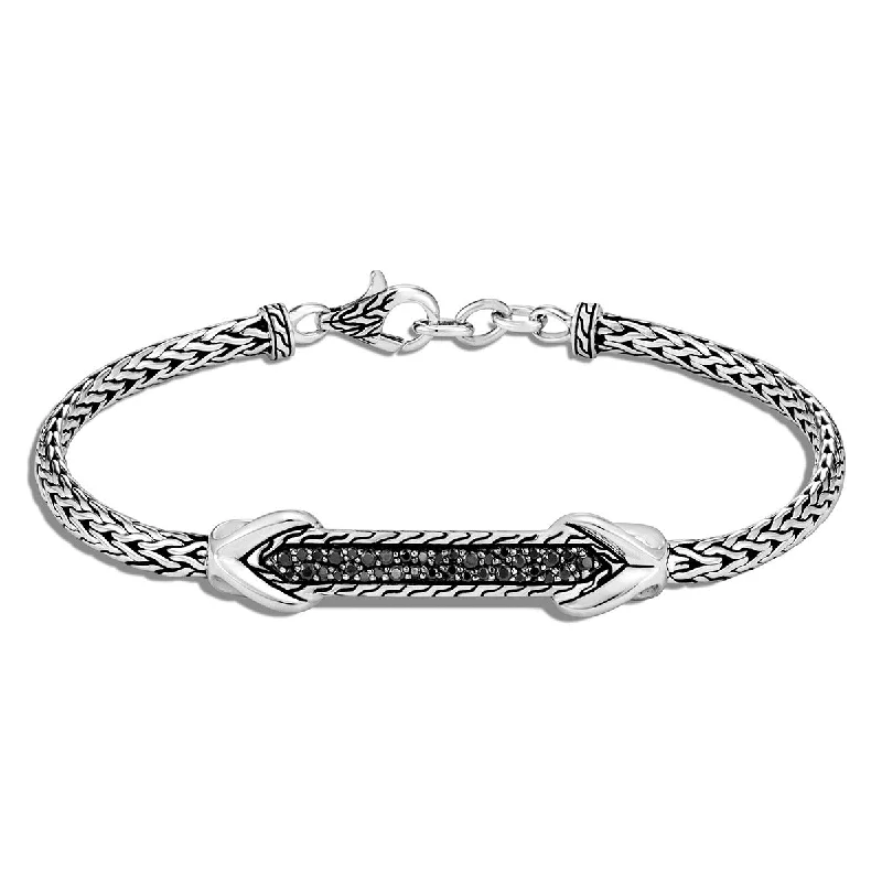 Asli Classic Chain Link Silver Slim Chain Station ID Bracelet with Treated Black Sapphire and Black Spinel