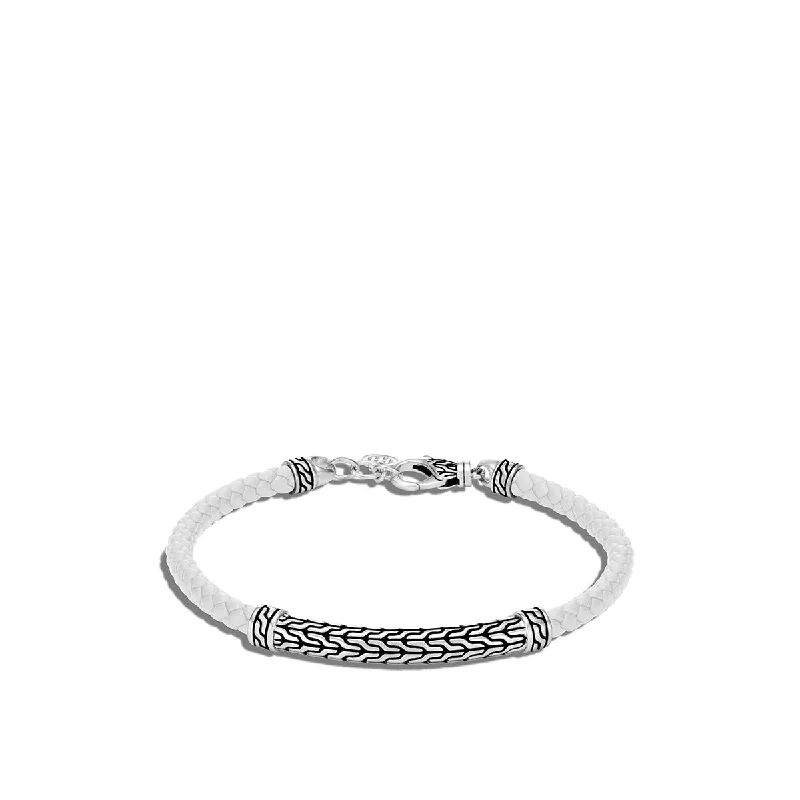 personalized name ring Classic Chain Silver Station Bracelet on White Woven Leather personalized name ring Classic Chain Silver Station Bracelet on White Woven Leather