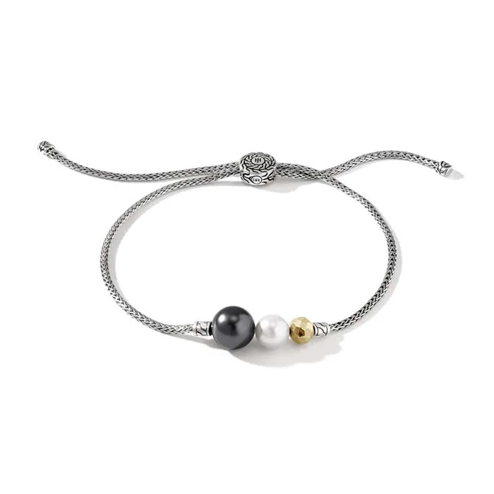 John Hardy Tahitian Pearl and Freshwater Cultured Pearl Pull Through Bracelet in Sterling Silver and 18K Yellow Gold