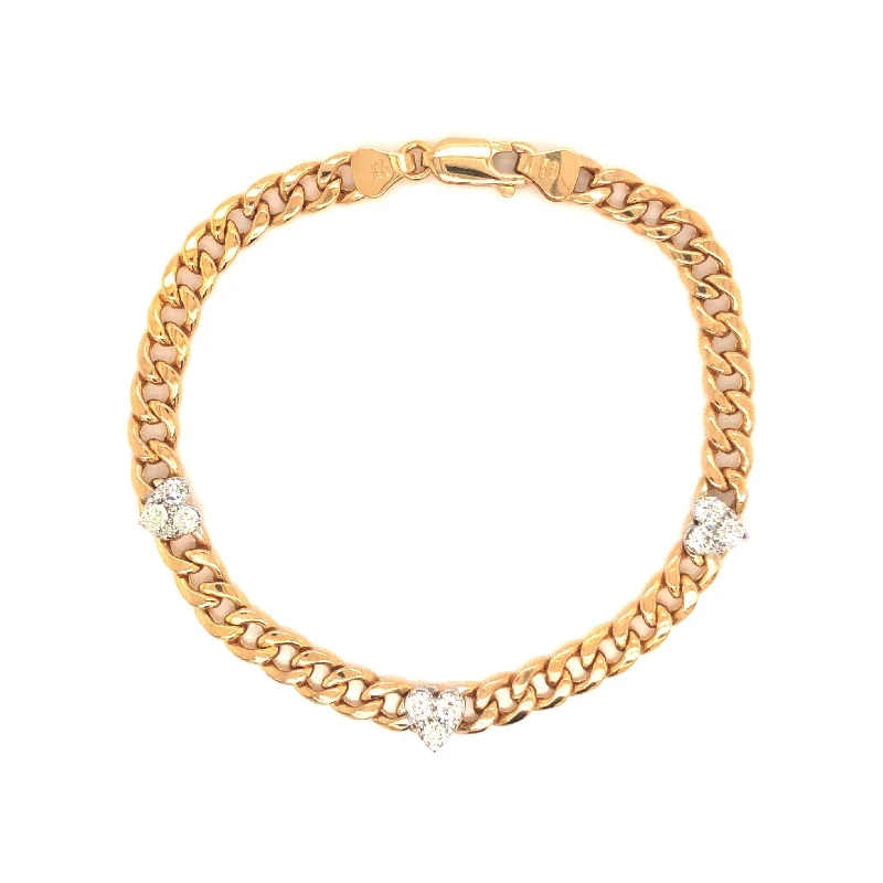 Cuban Chain Three Heart Diamond Bracelet