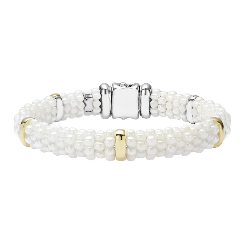 White Caviar Beaded Bracelet with Gold