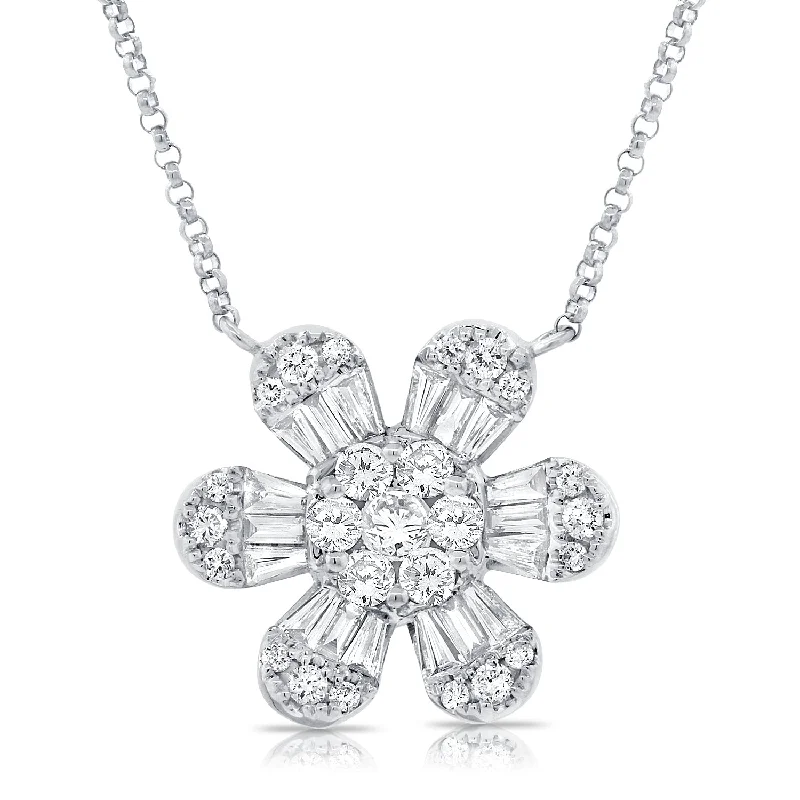 wedding band with diamonds 14K White Gold Baguette Diamond Large Flower Necklace