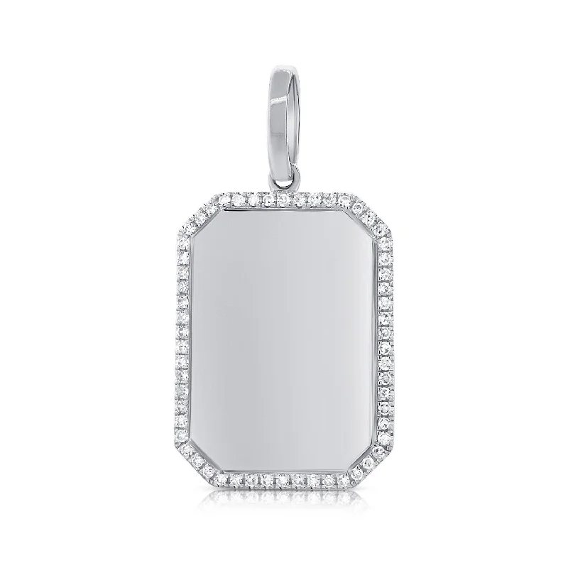 men’s silver wedding band 14K White Gold Diamond Border Polished Charm Pendant-Engraveable