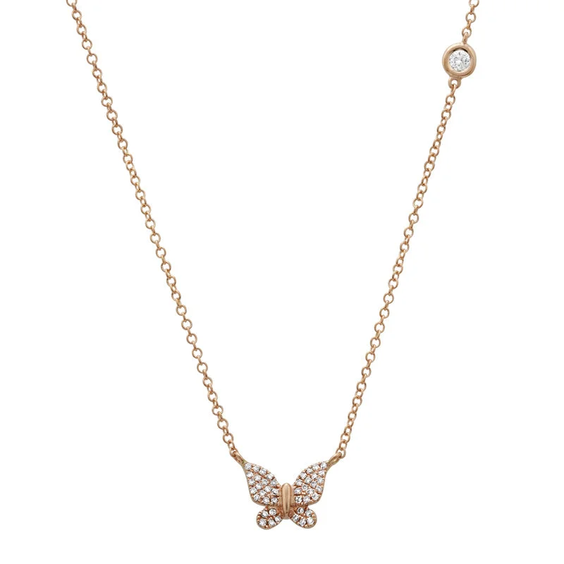 vintage rose-cut diamond ring 14K Rose Gold Butterfly Necklace with Diamond Bezel Chain