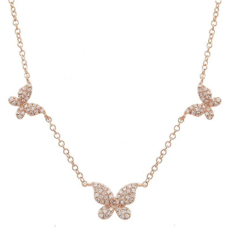 twisted rope gold chain 14K Rose Gold Triple Butterfly Diamond Necklace