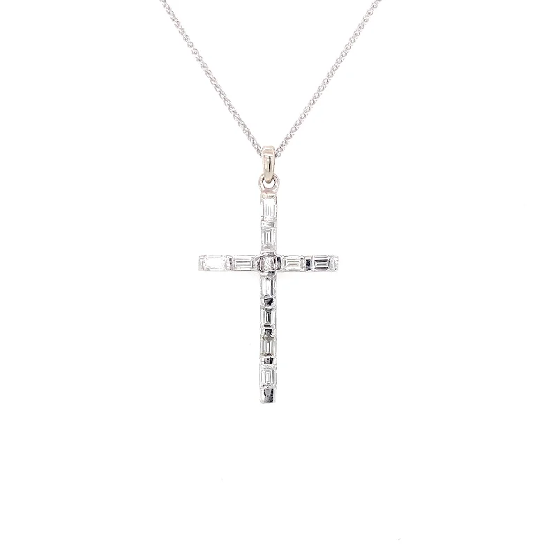 celestial galaxy planet necklace 14K White Gold Round+Baguette Diamond Cross