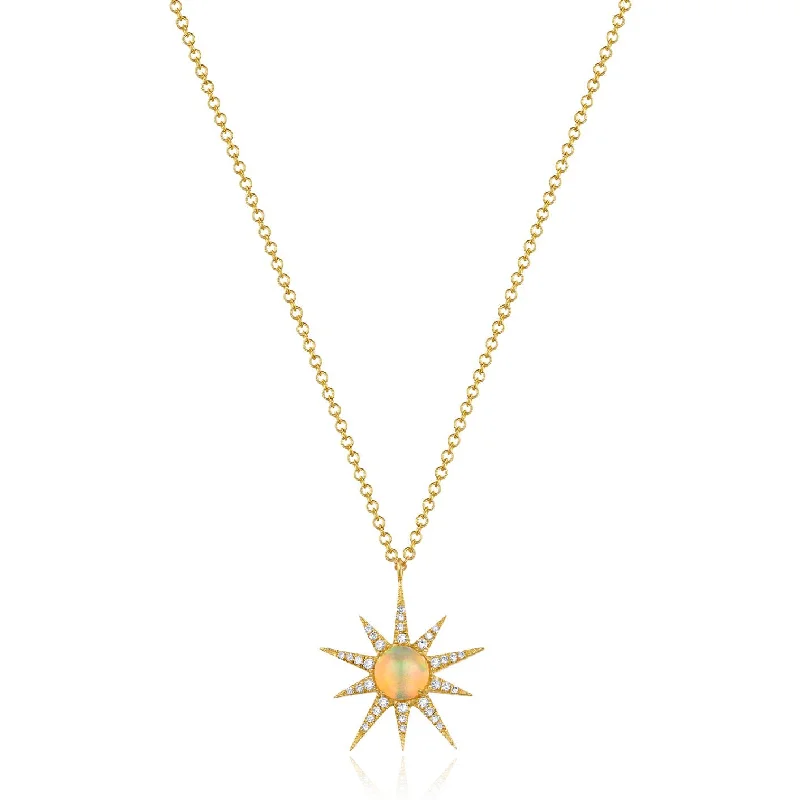 bold Cuban link bracelet men 14K Yellow Gold Diamond + Opal Sunburst Pendant
