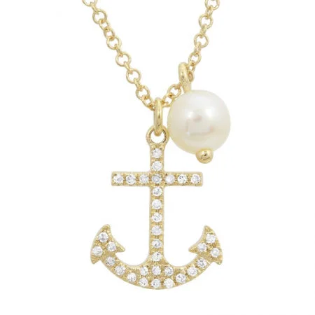 dainty butterfly pendant necklace 14k Yellow Gold Diamond Anchor & Pearl Pendant With Chain