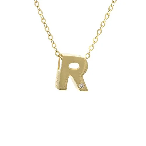 handmade antique silver bangle 14K Yellow Gold Initial "R" With Diamond Necklace