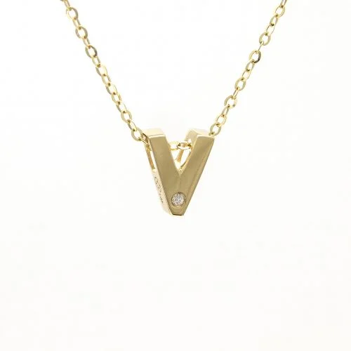 real zircon gemstone bracelet 14K Yellow Gold Initial "V" With Diamond Necklace