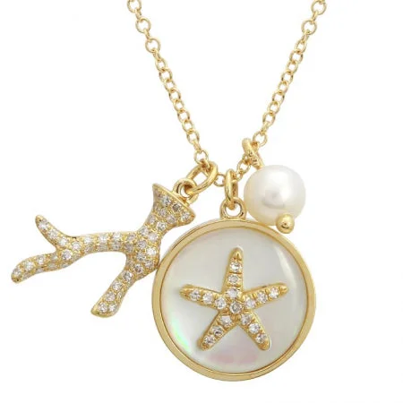 double-layered choker necklace 14K Yellow Gold Pearl Starfish Necklace