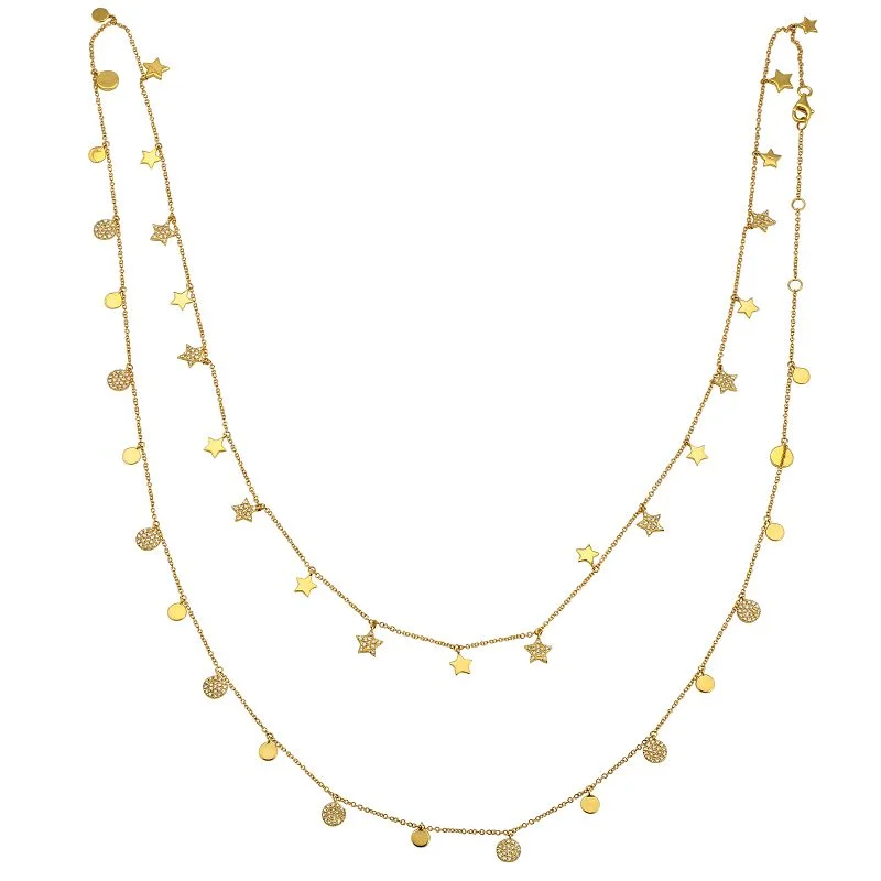 antique silver charm bracelet 14K Yellow Gold Round Diamond Disc + Star Layering Necklace